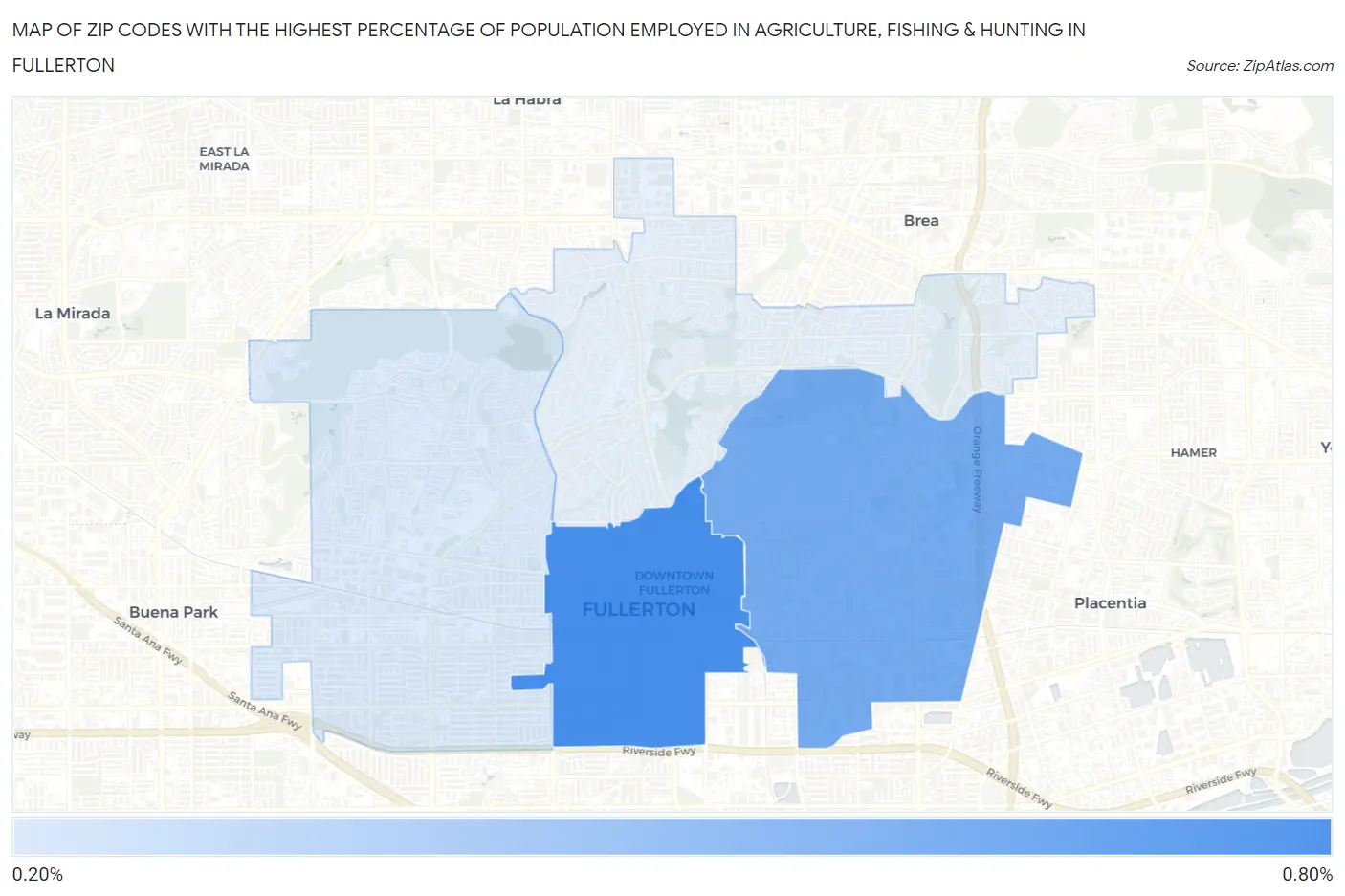 Zip Codes with the Highest Percentage of Population Employed in Agriculture, Fishing & Hunting in Fullerton Map