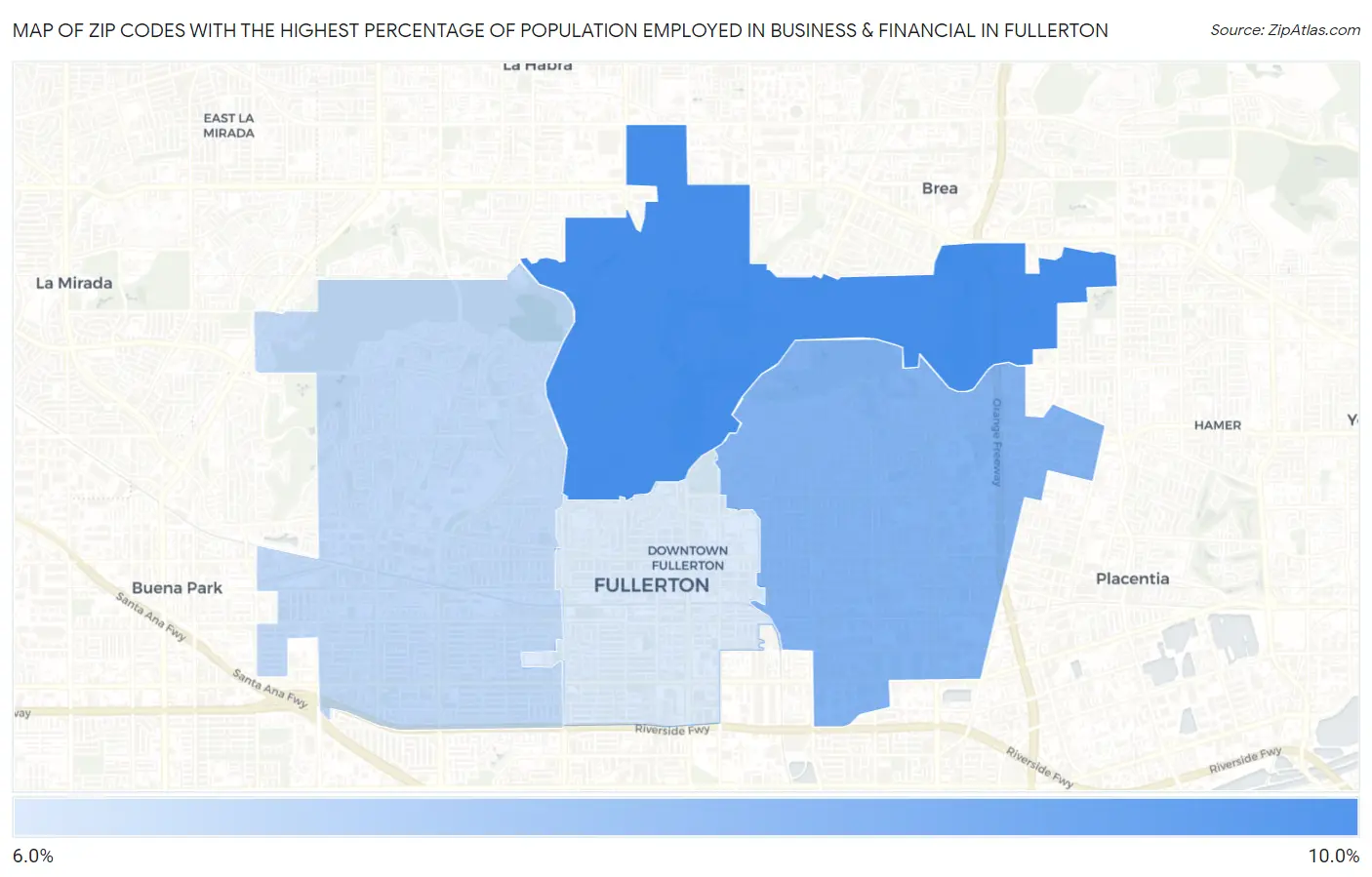 Zip Codes with the Highest Percentage of Population Employed in Business & Financial in Fullerton Map