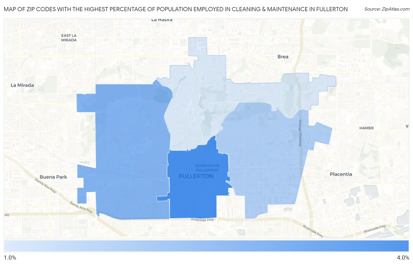 Zip Codes with the Highest Percentage of Population Employed in Cleaning & Maintenance in Fullerton Map