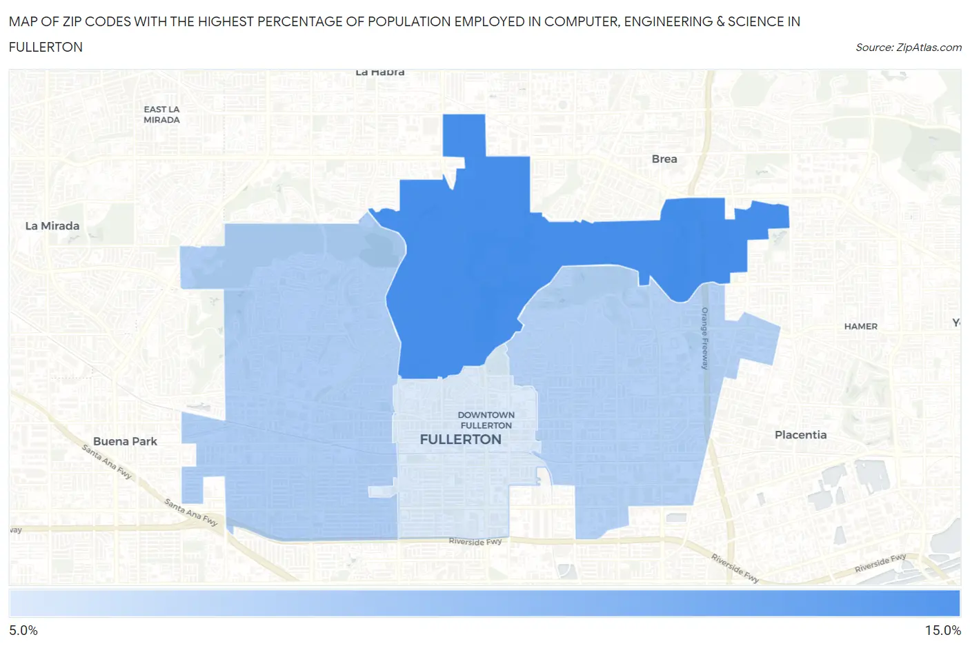 Zip Codes with the Highest Percentage of Population Employed in Computer, Engineering & Science in Fullerton Map