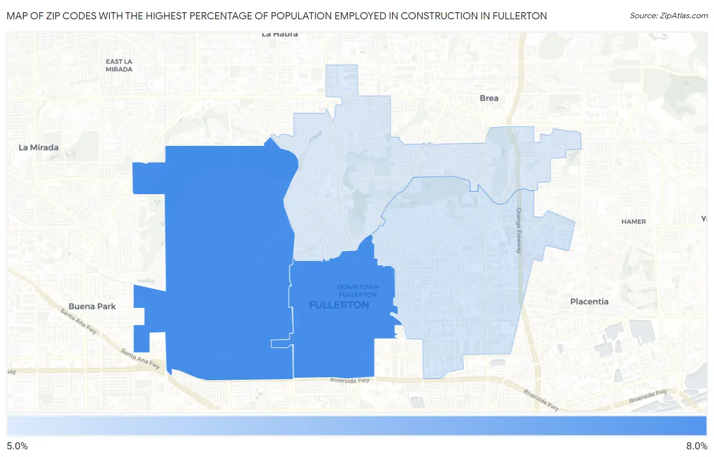 Zip Codes with the Highest Percentage of Population Employed in Construction in Fullerton Map