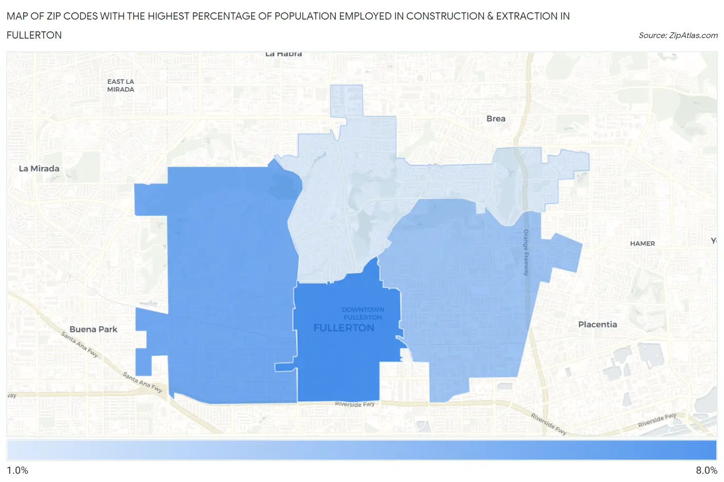 Zip Codes with the Highest Percentage of Population Employed in Construction & Extraction in Fullerton Map