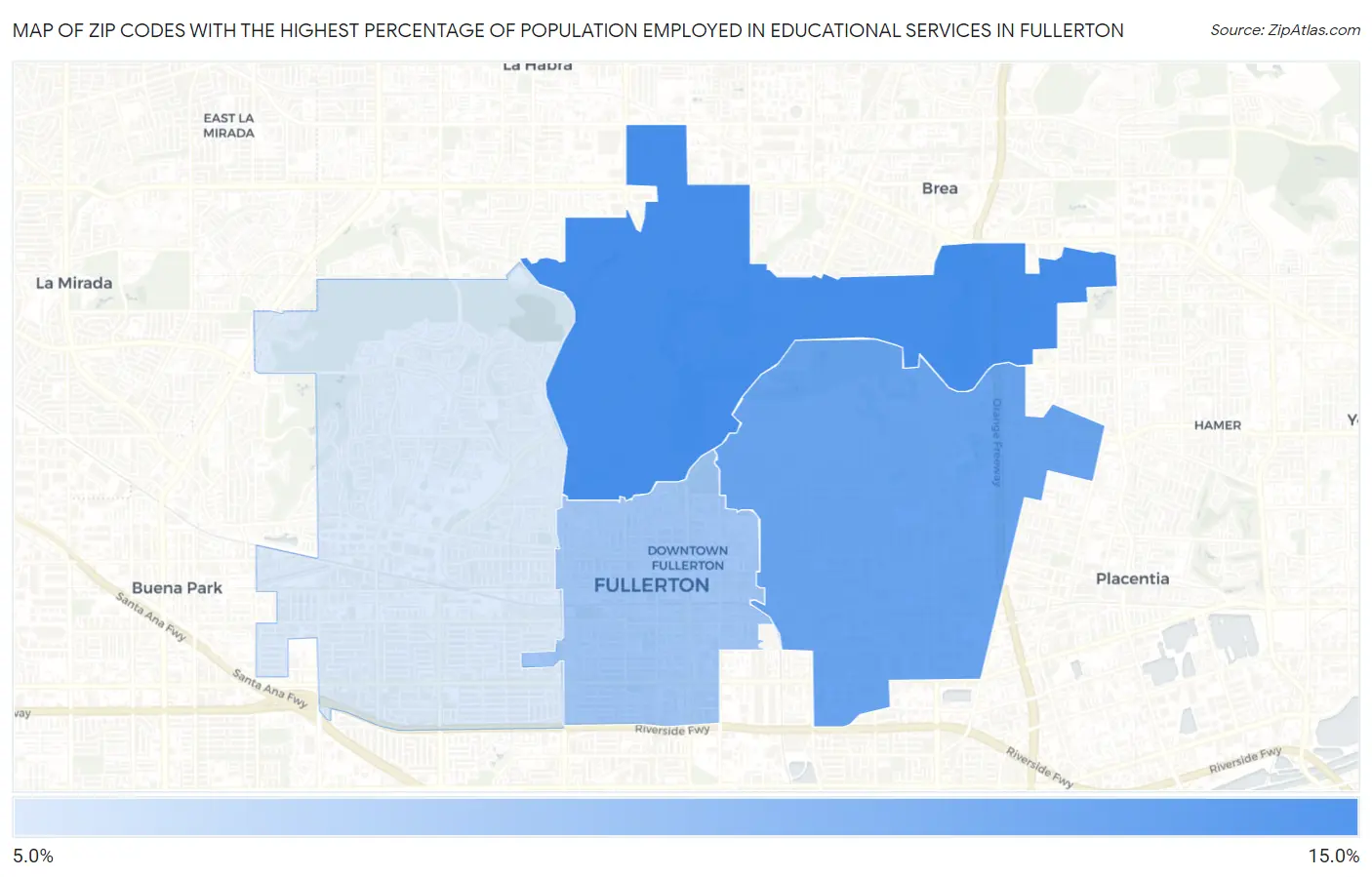 Zip Codes with the Highest Percentage of Population Employed in Educational Services in Fullerton Map
