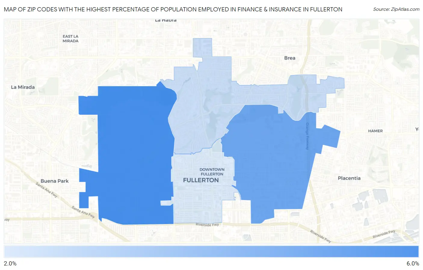 Zip Codes with the Highest Percentage of Population Employed in Finance & Insurance in Fullerton Map