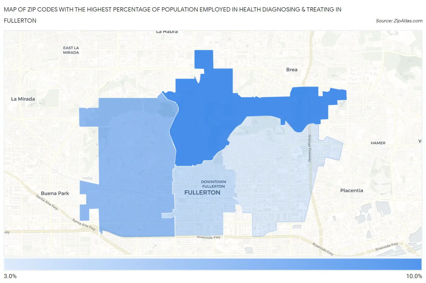 Zip Codes with the Highest Percentage of Population Employed in Health Diagnosing & Treating in Fullerton Map
