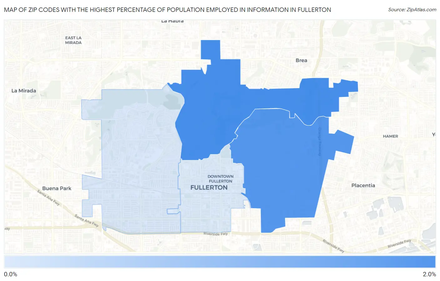 Zip Codes with the Highest Percentage of Population Employed in Information in Fullerton Map