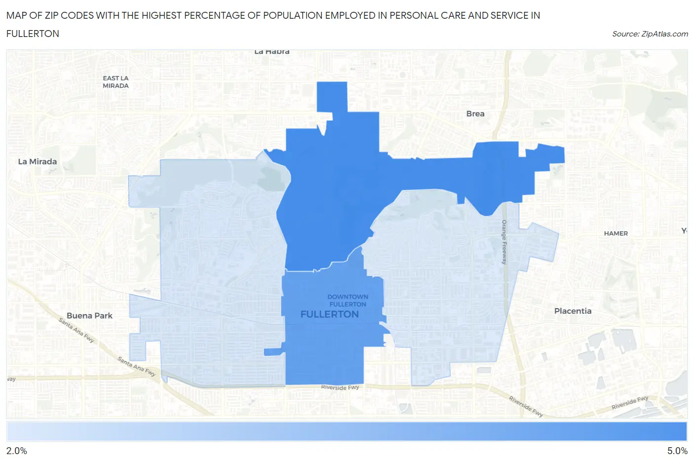 Zip Codes with the Highest Percentage of Population Employed in Personal Care and Service in Fullerton Map
