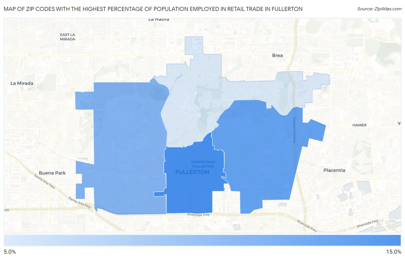 Zip Codes with the Highest Percentage of Population Employed in Retail Trade in Fullerton Map