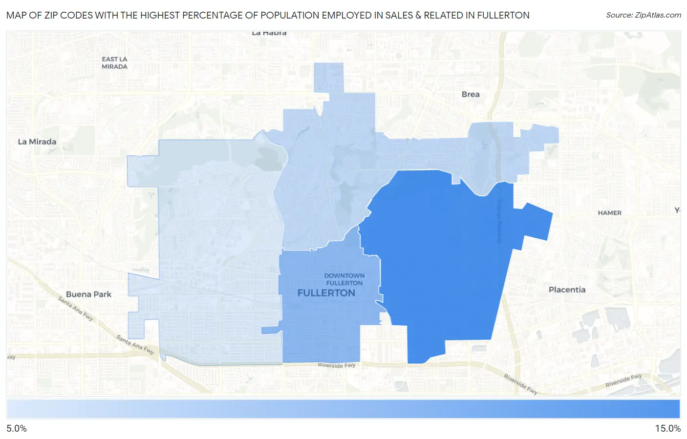 Zip Codes with the Highest Percentage of Population Employed in Sales & Related in Fullerton Map