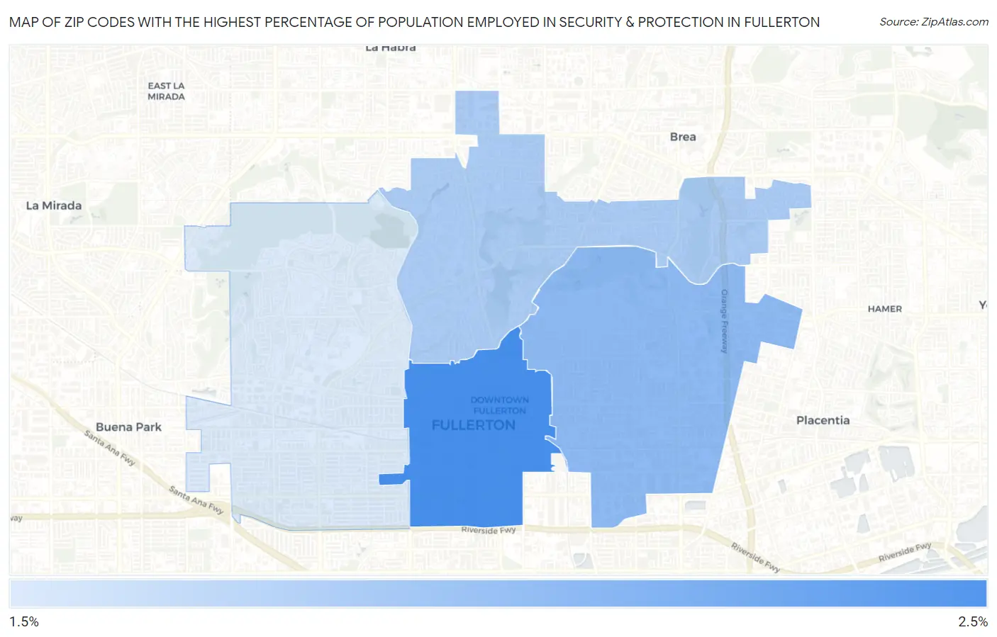 Zip Codes with the Highest Percentage of Population Employed in Security & Protection in Fullerton Map