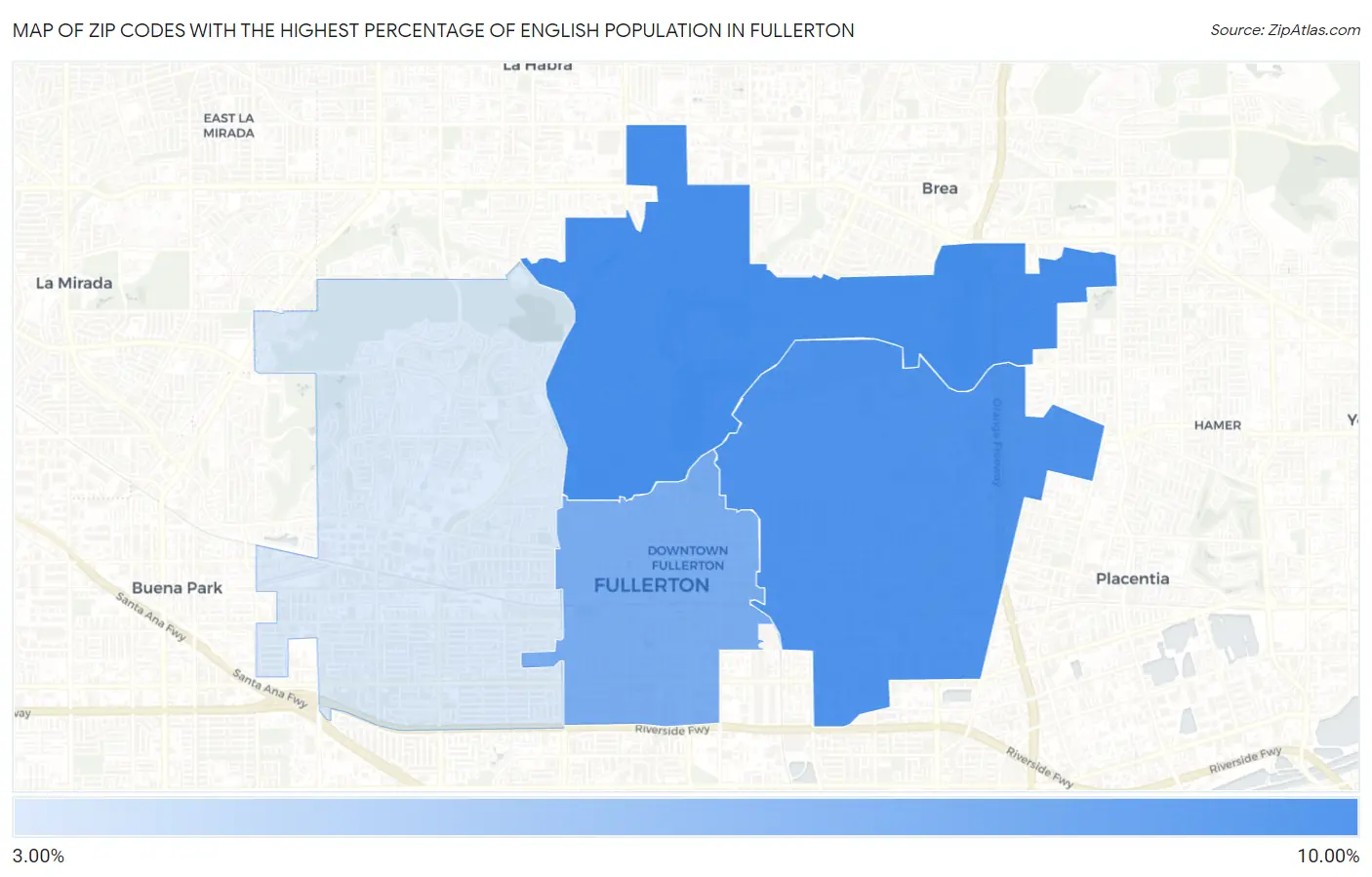 Zip Codes with the Highest Percentage of English Population in Fullerton Map