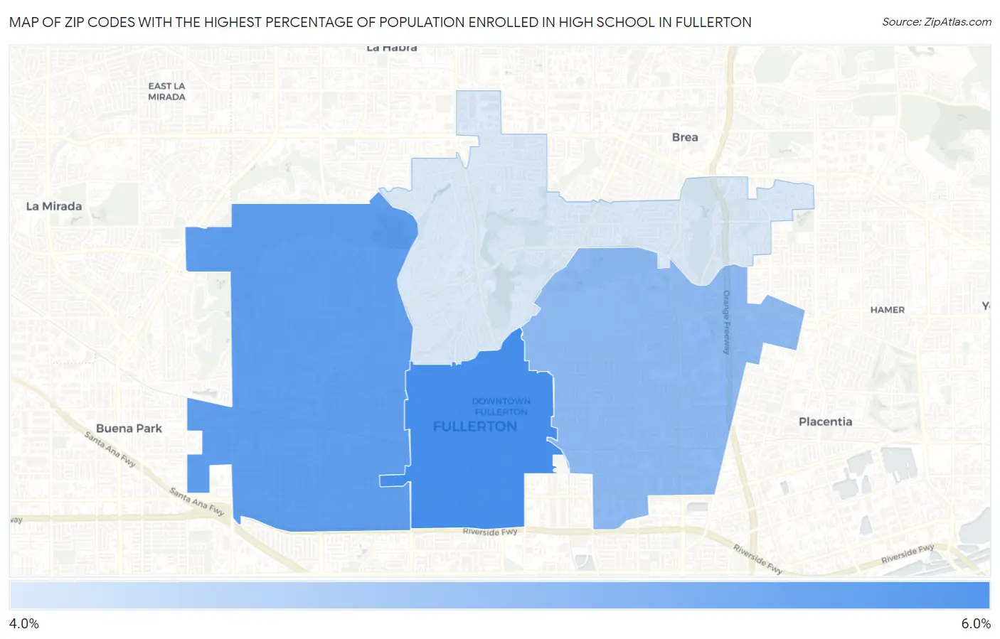 Zip Codes with the Highest Percentage of Population Enrolled in High School in Fullerton Map
