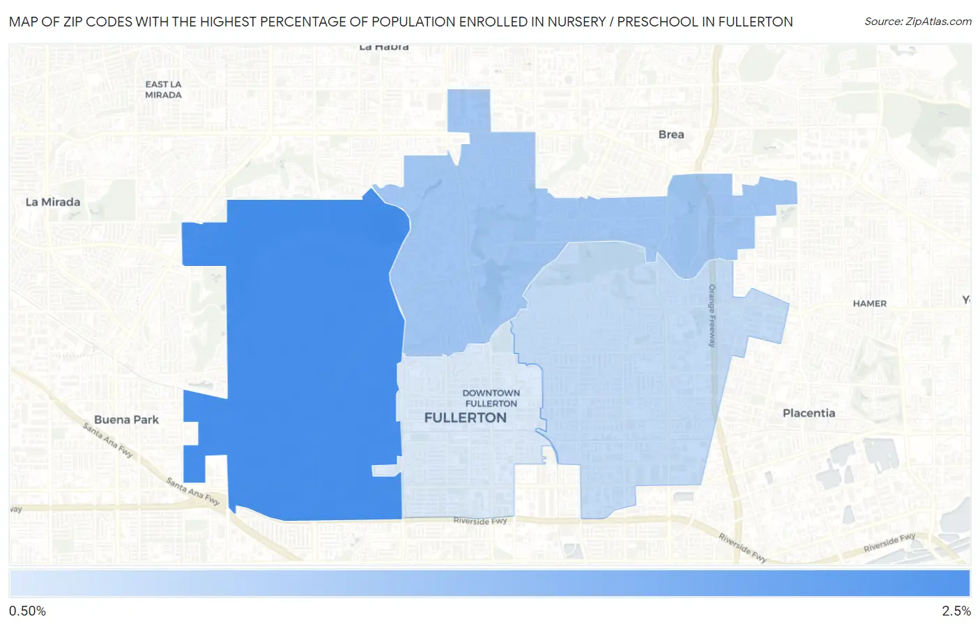 Zip Codes with the Highest Percentage of Population Enrolled in Nursery / Preschool in Fullerton Map