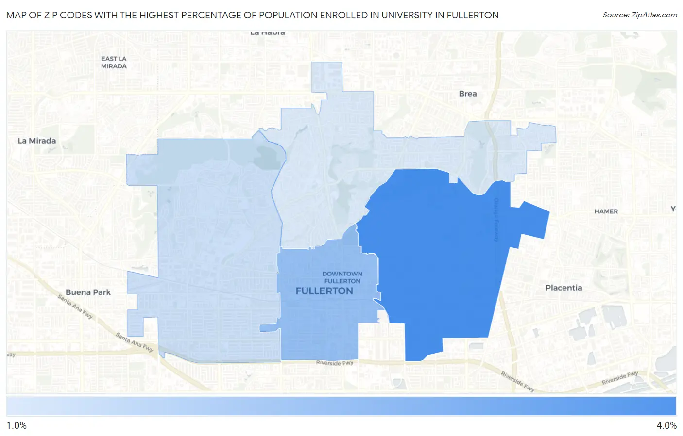 Zip Codes with the Highest Percentage of Population Enrolled in University in Fullerton Map