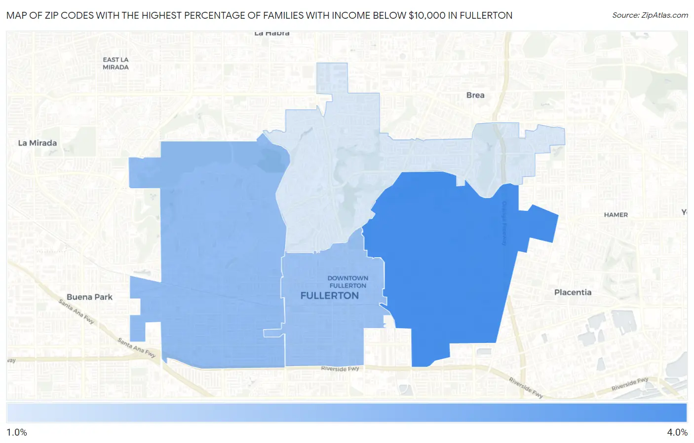 Zip Codes with the Highest Percentage of Families with Income Below $10,000 in Fullerton Map