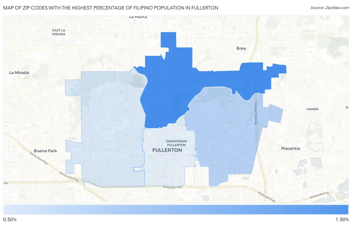 Zip Codes with the Highest Percentage of Filipino Population in Fullerton Map