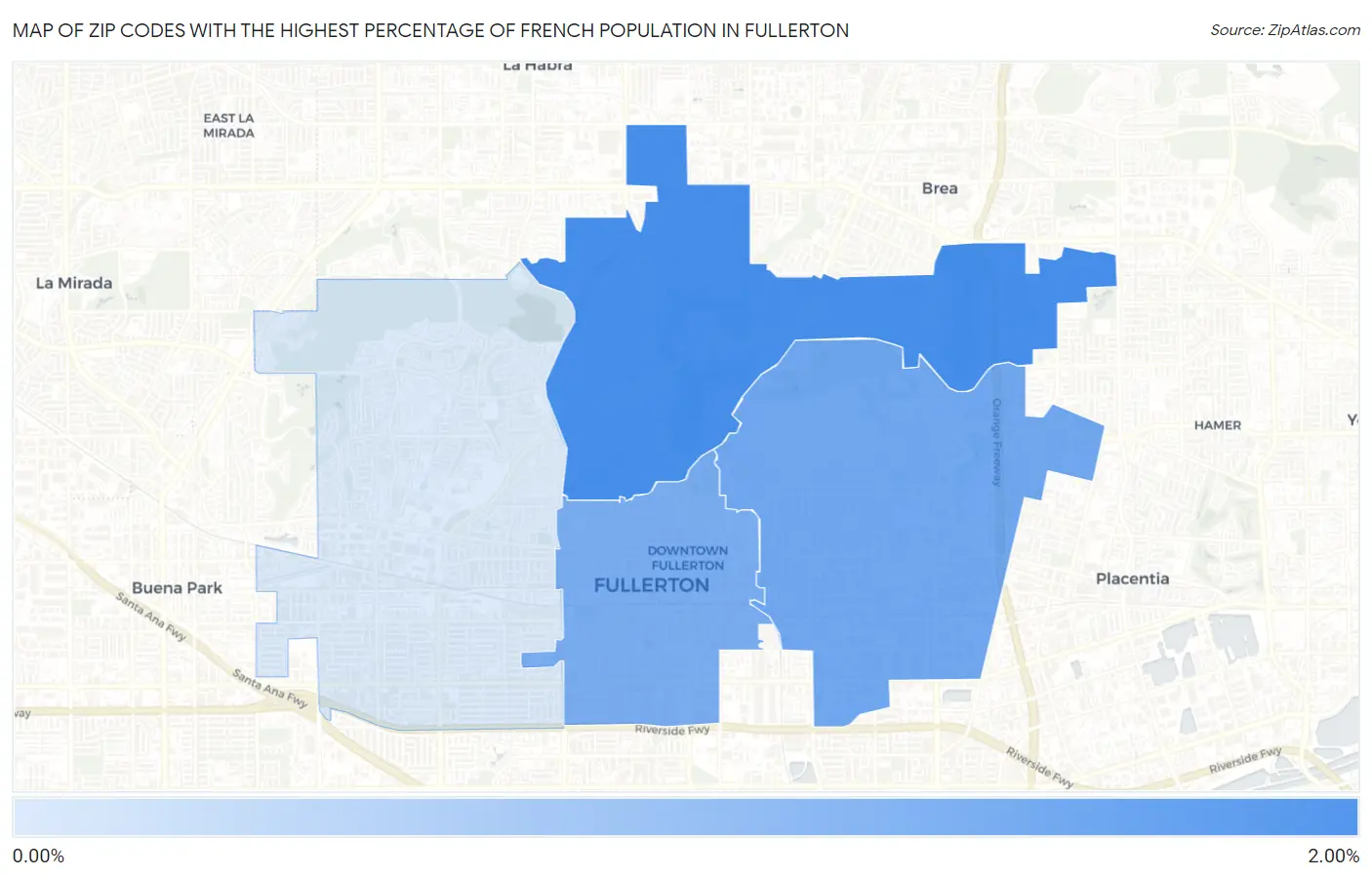 Zip Codes with the Highest Percentage of French Population in Fullerton Map