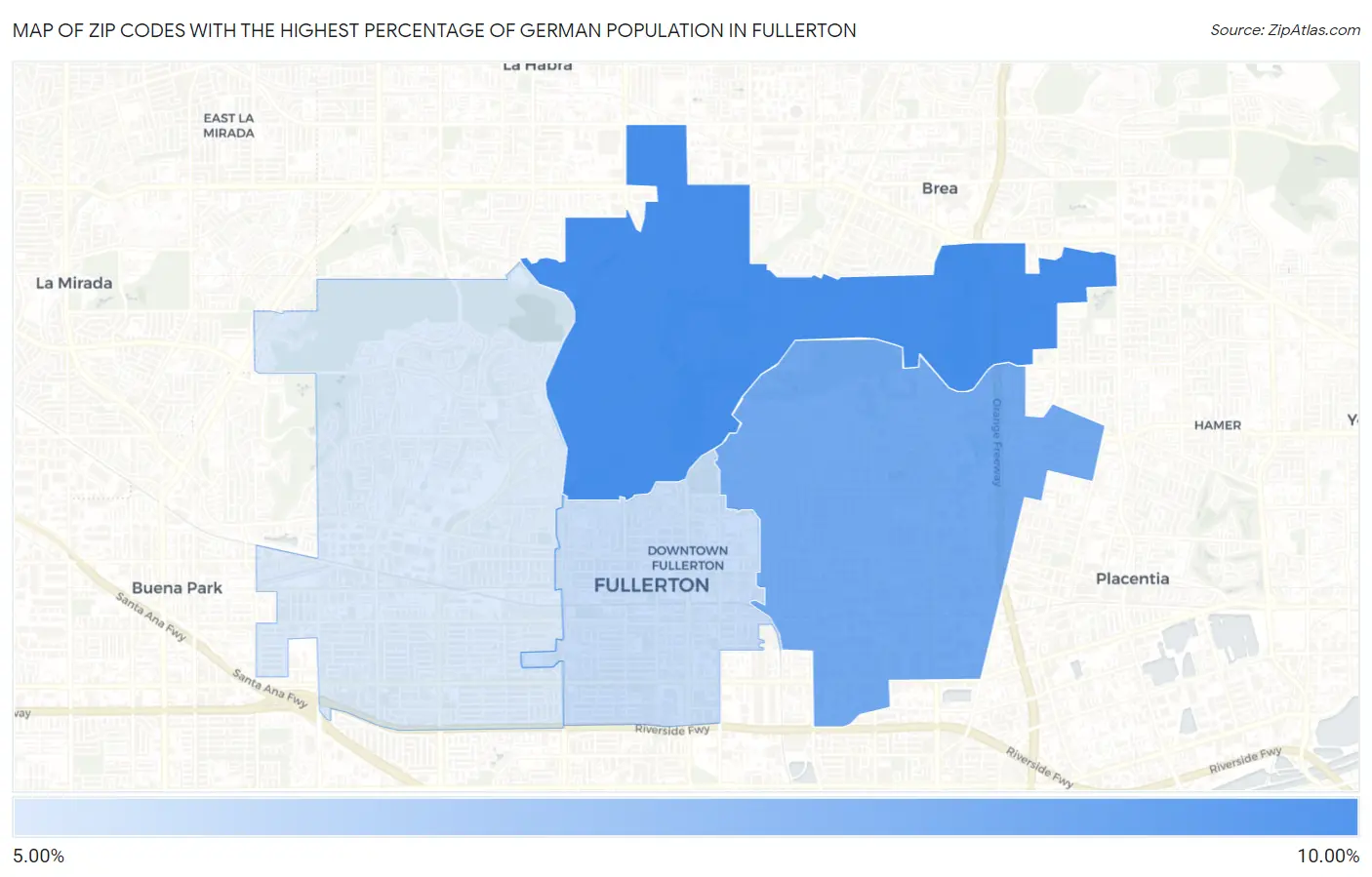 Zip Codes with the Highest Percentage of German Population in Fullerton Map