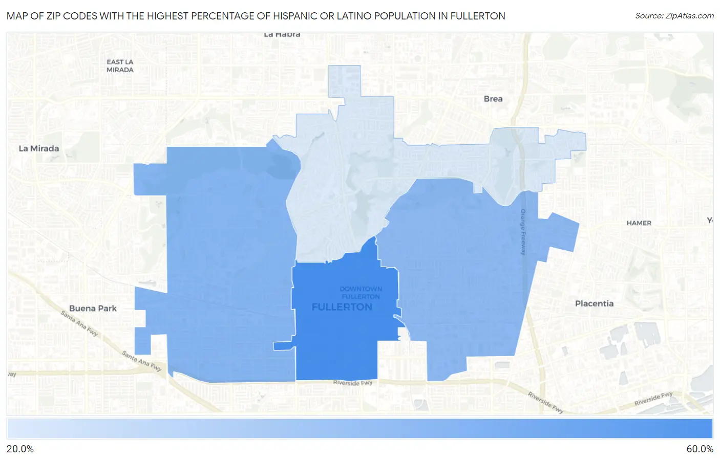 Zip Codes with the Highest Percentage of Hispanic or Latino Population in Fullerton Map