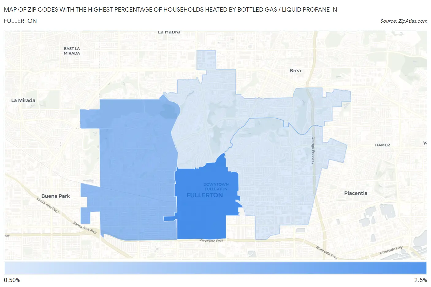 Zip Codes with the Highest Percentage of Households Heated by Bottled Gas / Liquid Propane in Fullerton Map
