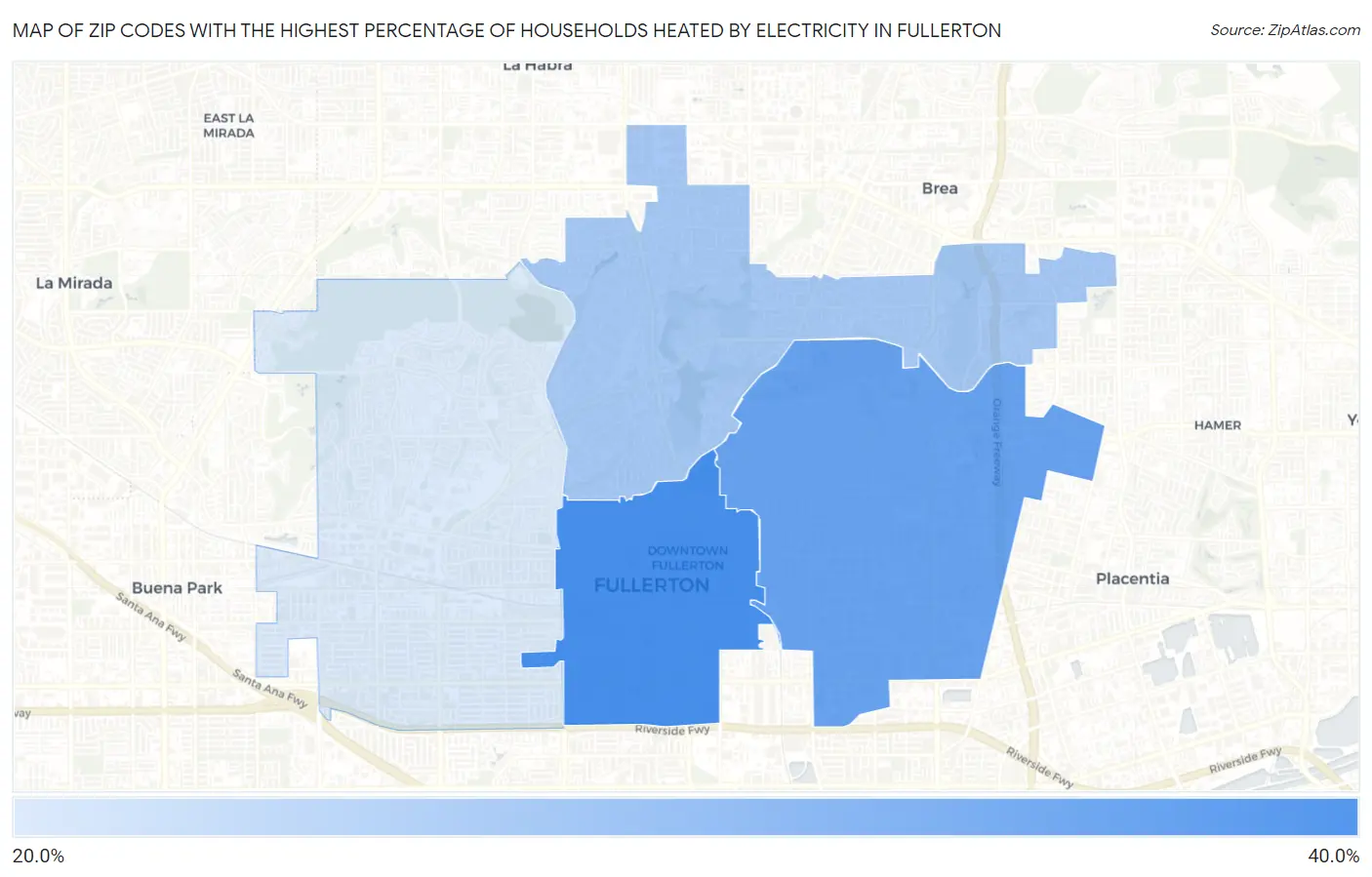 Zip Codes with the Highest Percentage of Households Heated by Electricity in Fullerton Map