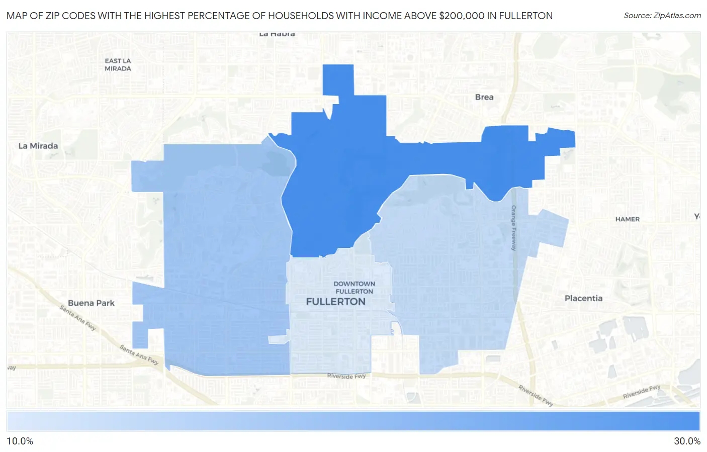 Zip Codes with the Highest Percentage of Households with Income Above $200,000 in Fullerton Map