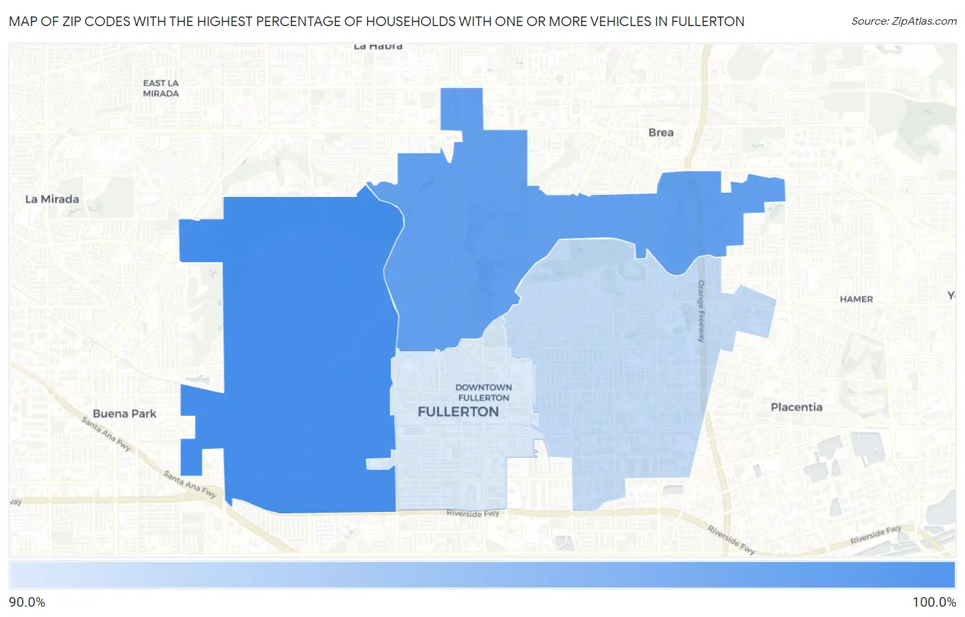 Zip Codes with the Highest Percentage of Households With One or more Vehicles in Fullerton Map