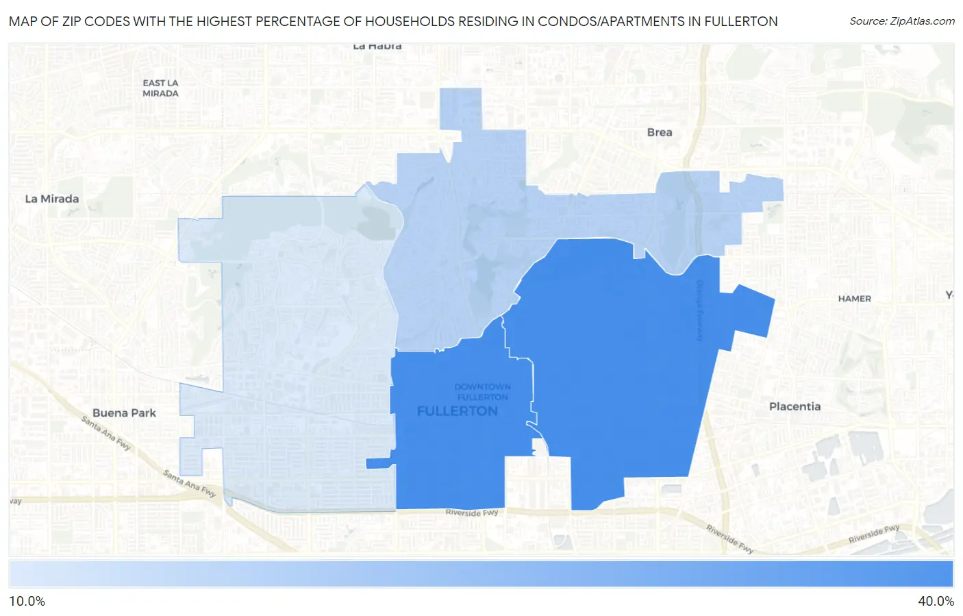 Zip Codes with the Highest Percentage of Households Residing in Condos/Apartments in Fullerton Map