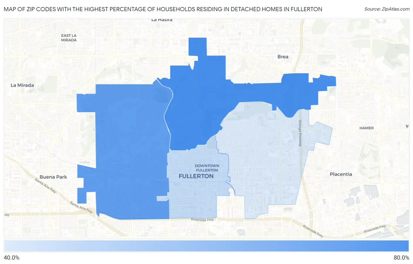 Zip Codes with the Highest Percentage of Households Residing in Detached Homes in Fullerton Map