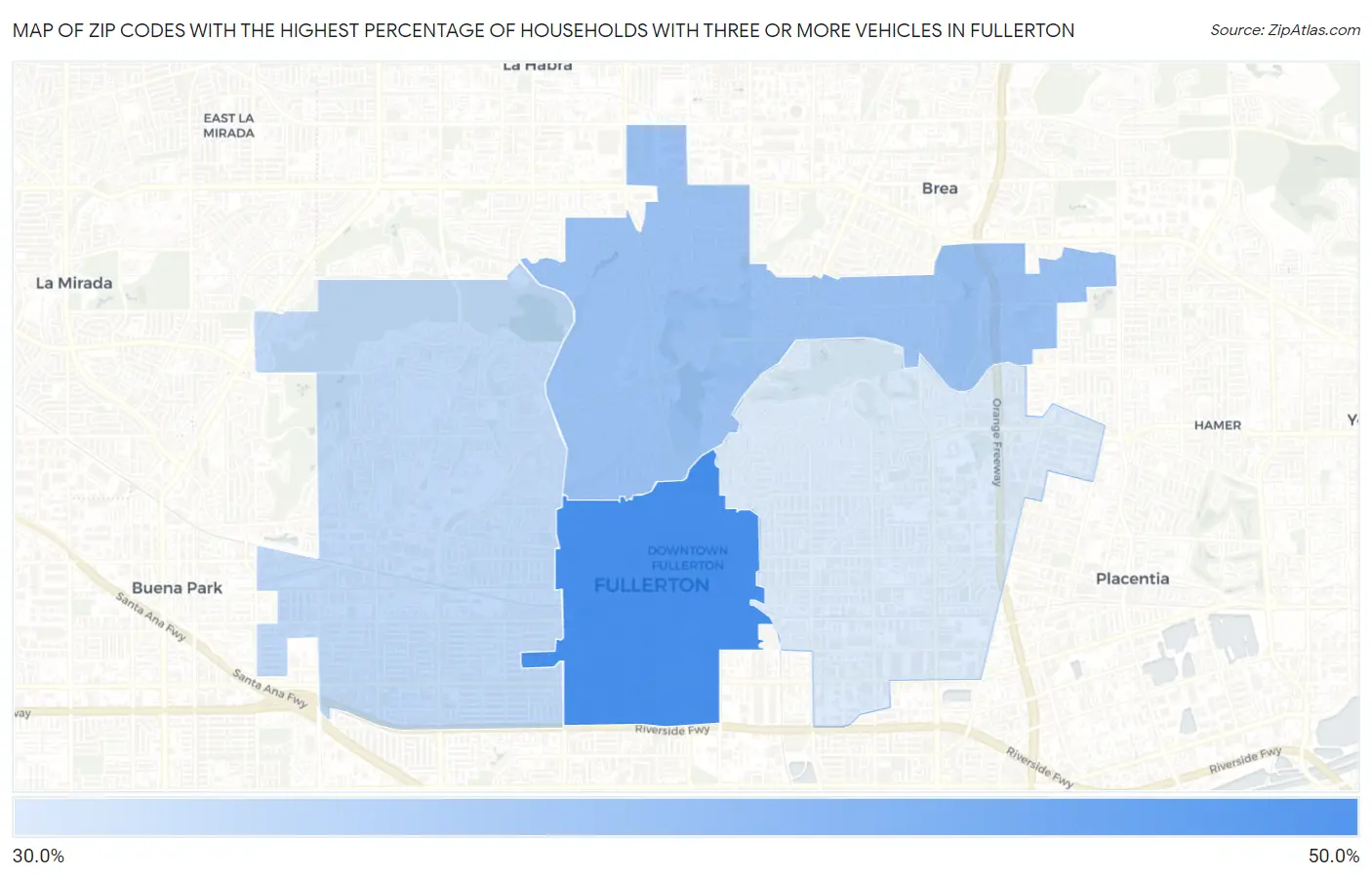 Zip Codes with the Highest Percentage of Households With Three or more Vehicles in Fullerton Map