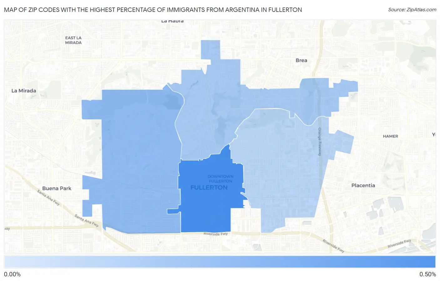 Zip Codes with the Highest Percentage of Immigrants from Argentina in Fullerton Map