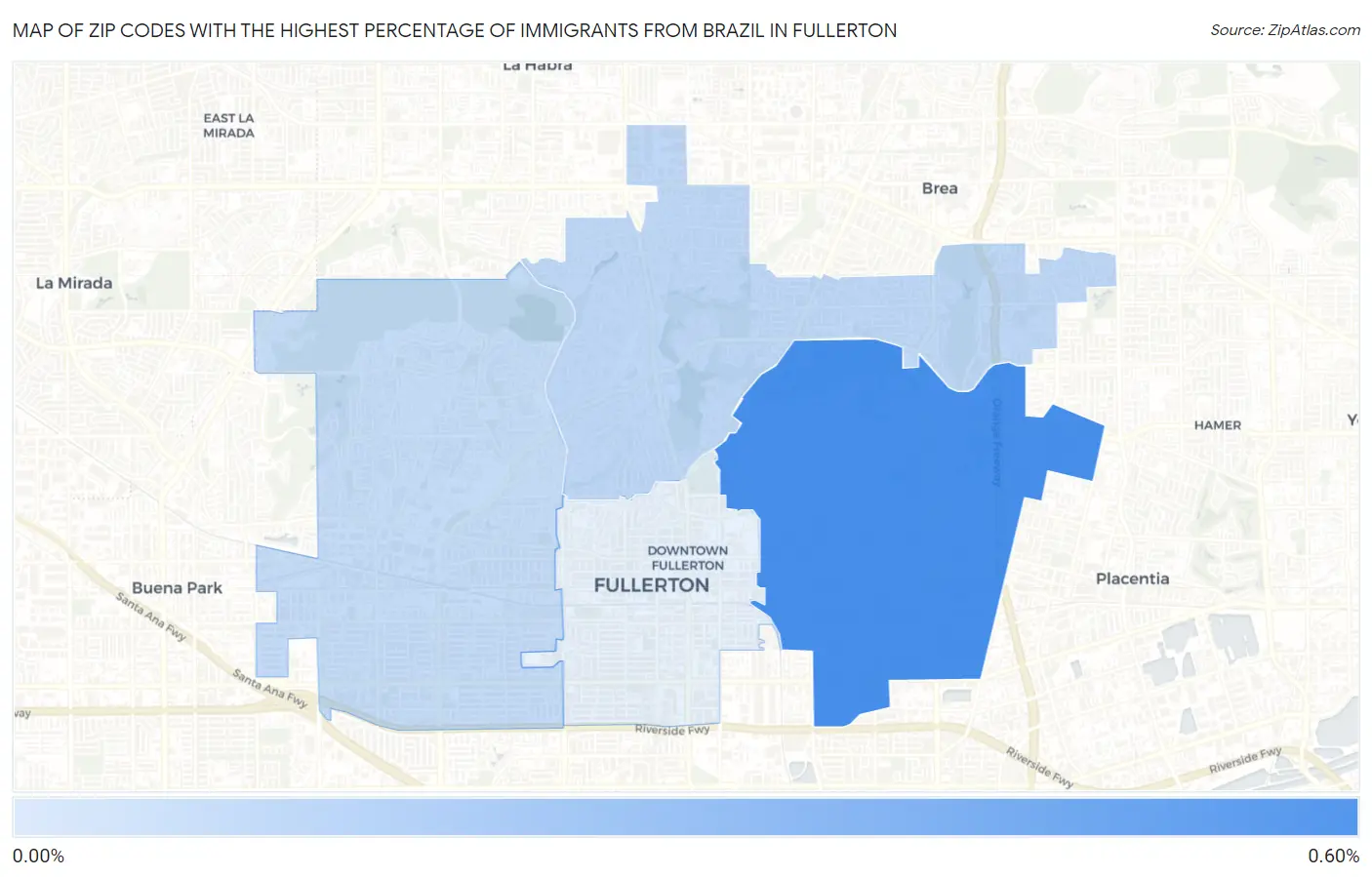 Zip Codes with the Highest Percentage of Immigrants from Brazil in Fullerton Map