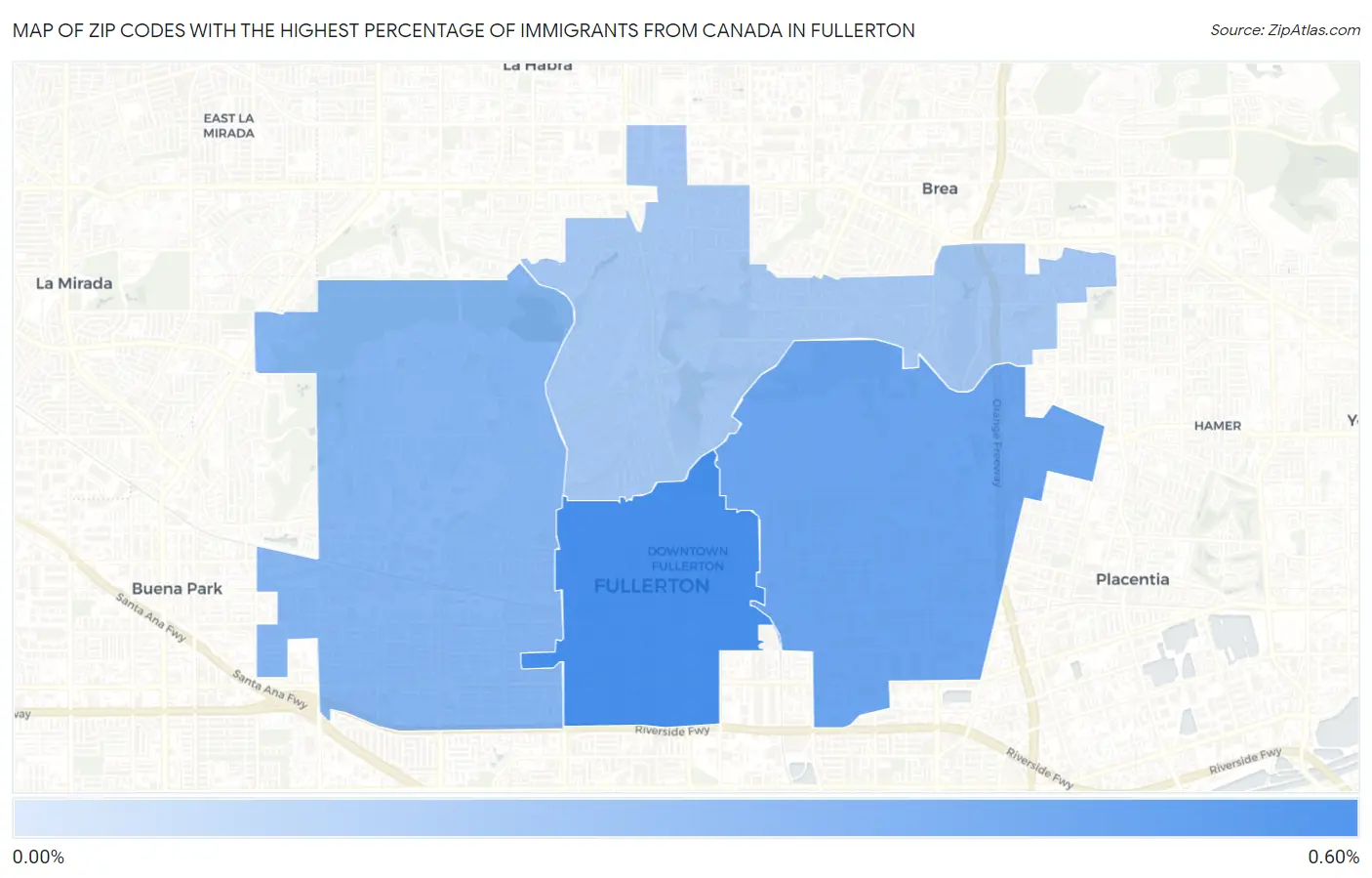 Zip Codes with the Highest Percentage of Immigrants from Canada in Fullerton Map
