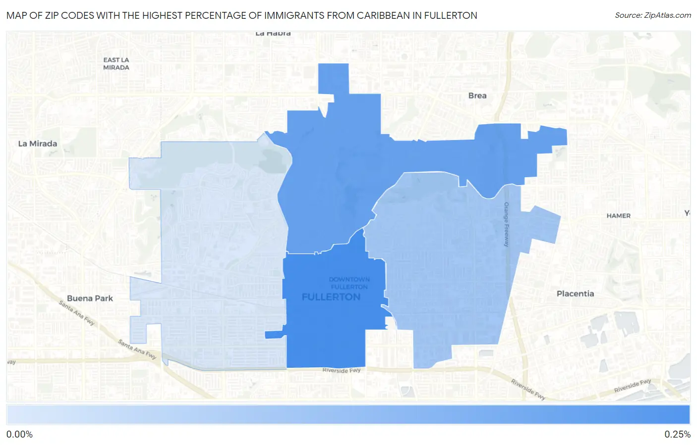 Zip Codes with the Highest Percentage of Immigrants from Caribbean in Fullerton Map
