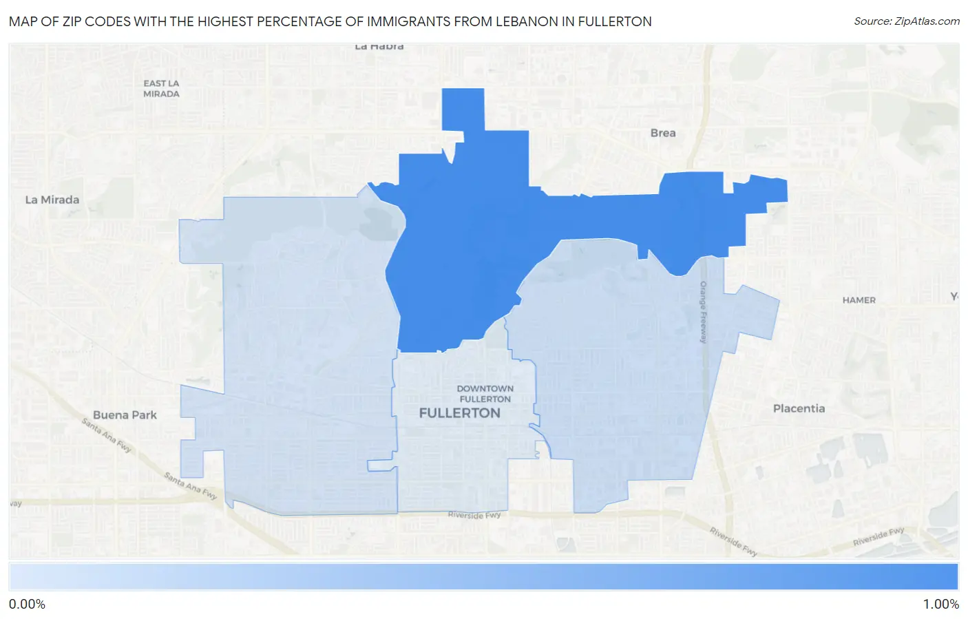 Zip Codes with the Highest Percentage of Immigrants from Lebanon in Fullerton Map