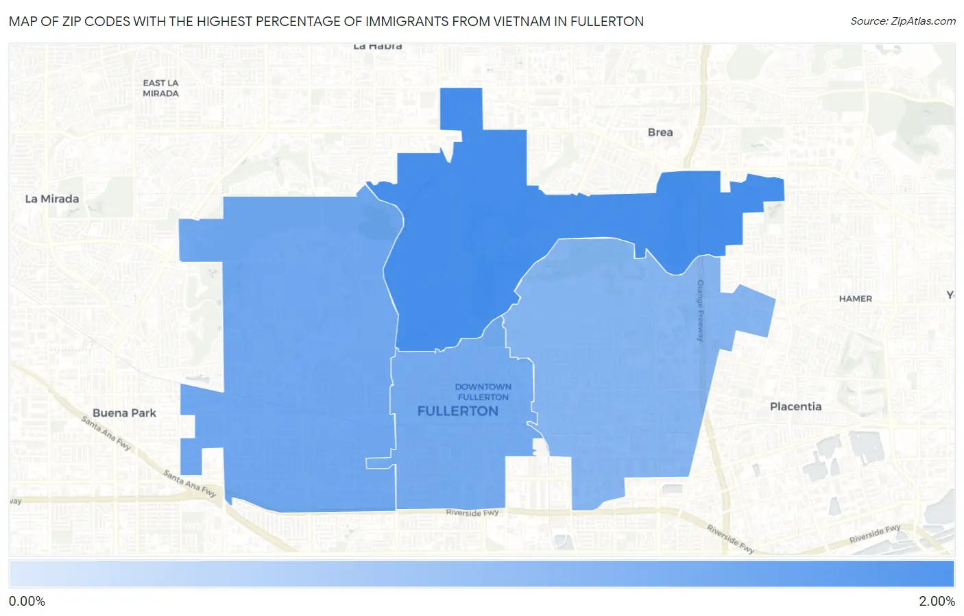 Zip Codes with the Highest Percentage of Immigrants from Vietnam in Fullerton Map