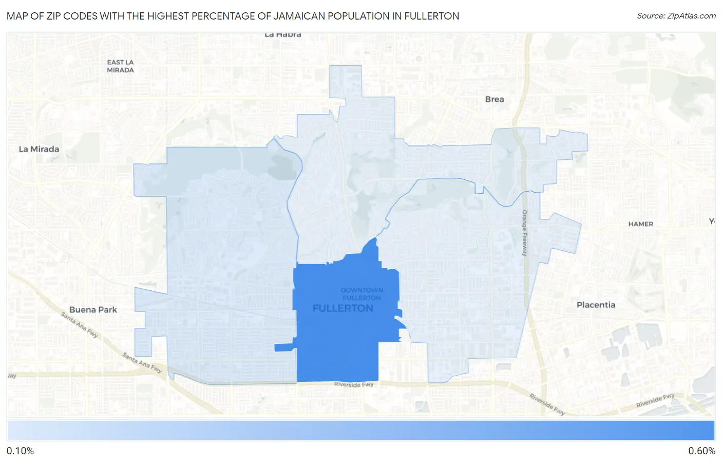 Zip Codes with the Highest Percentage of Jamaican Population in Fullerton Map