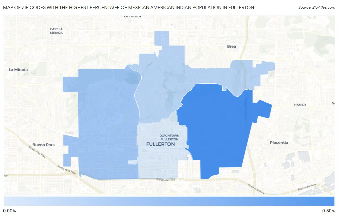 Zip Codes with the Highest Percentage of Mexican American Indian Population in Fullerton Map