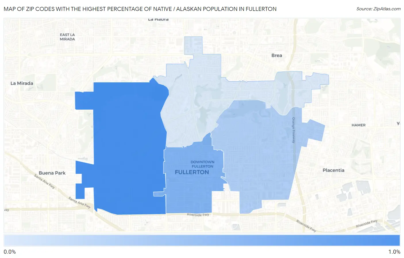 Zip Codes with the Highest Percentage of Native / Alaskan Population in Fullerton Map