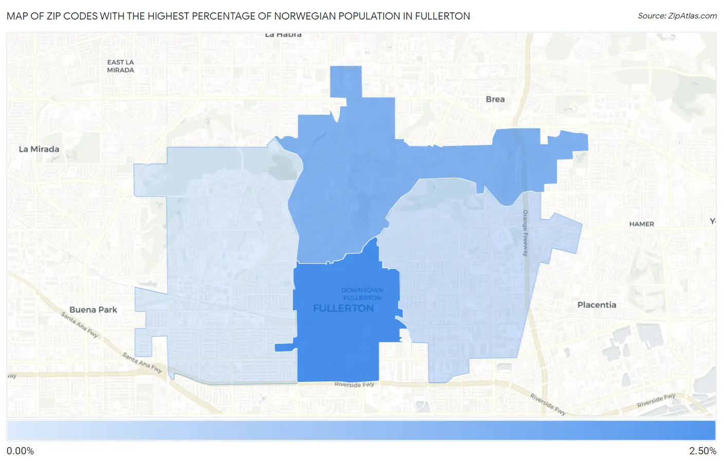 Zip Codes with the Highest Percentage of Norwegian Population in Fullerton Map
