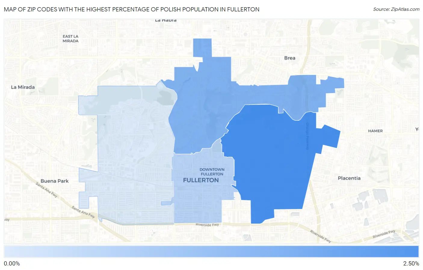 Zip Codes with the Highest Percentage of Polish Population in Fullerton Map