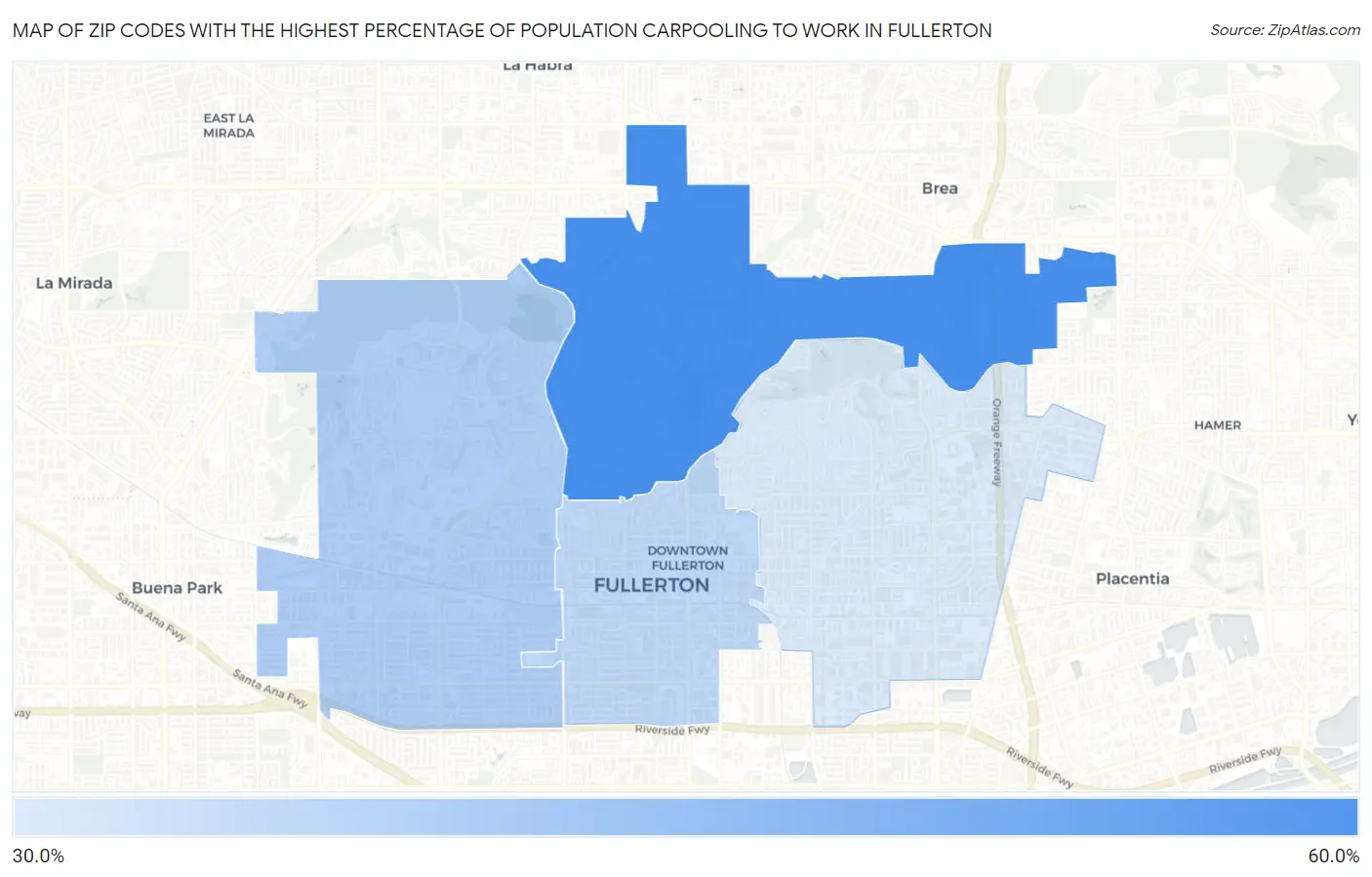 Zip Codes with the Highest Percentage of Population Carpooling to Work in Fullerton Map