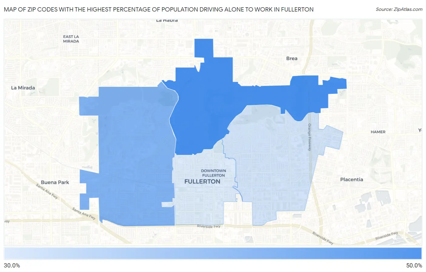 Zip Codes with the Highest Percentage of Population Driving Alone to Work in Fullerton Map