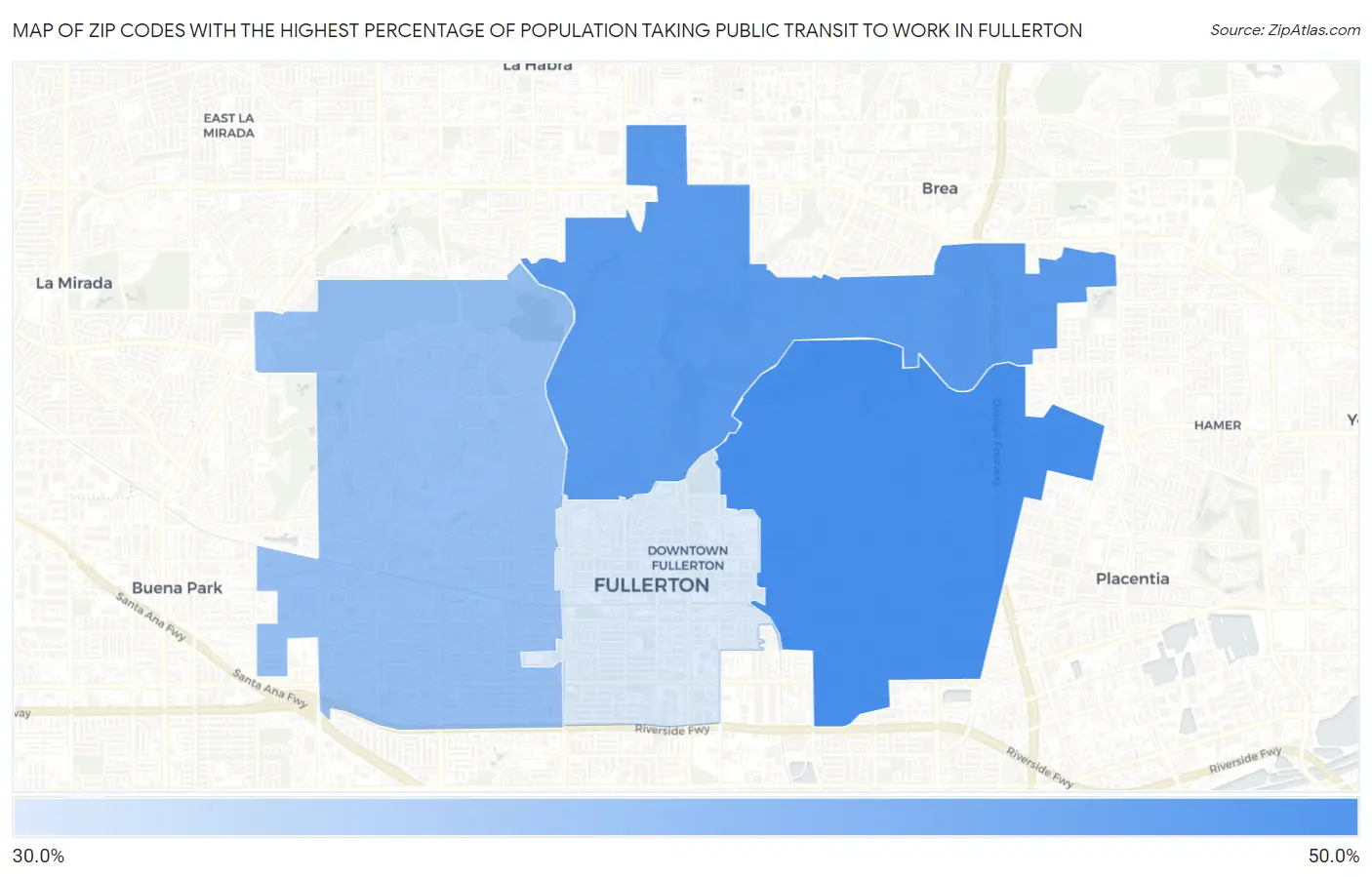 Zip Codes with the Highest Percentage of Population Taking Public Transit to Work in Fullerton Map