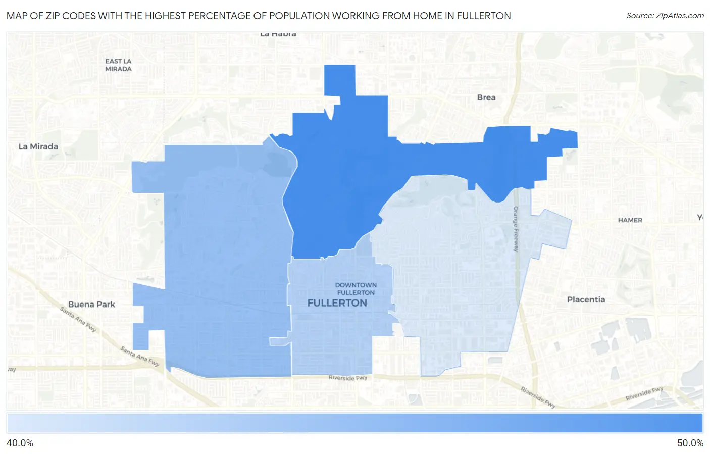 Zip Codes with the Highest Percentage of Population Working from Home in Fullerton Map