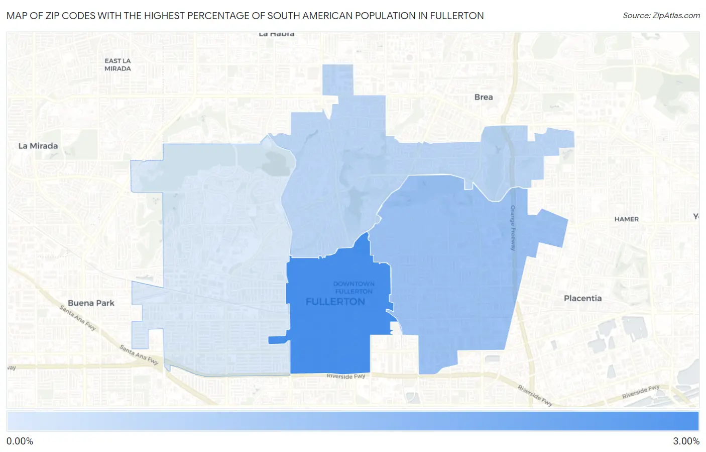 Zip Codes with the Highest Percentage of South American Population in Fullerton Map