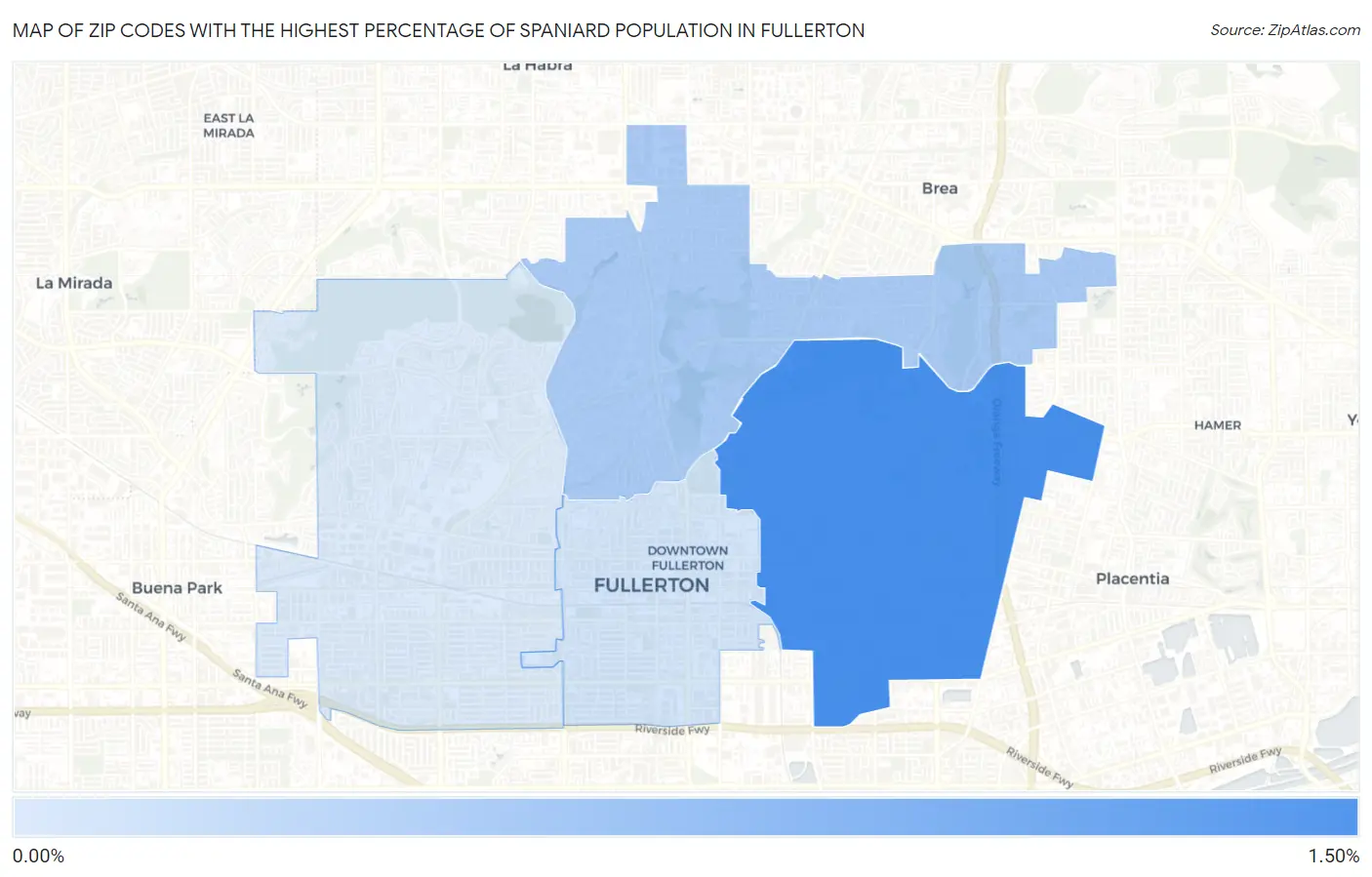 Zip Codes with the Highest Percentage of Spaniard Population in Fullerton Map