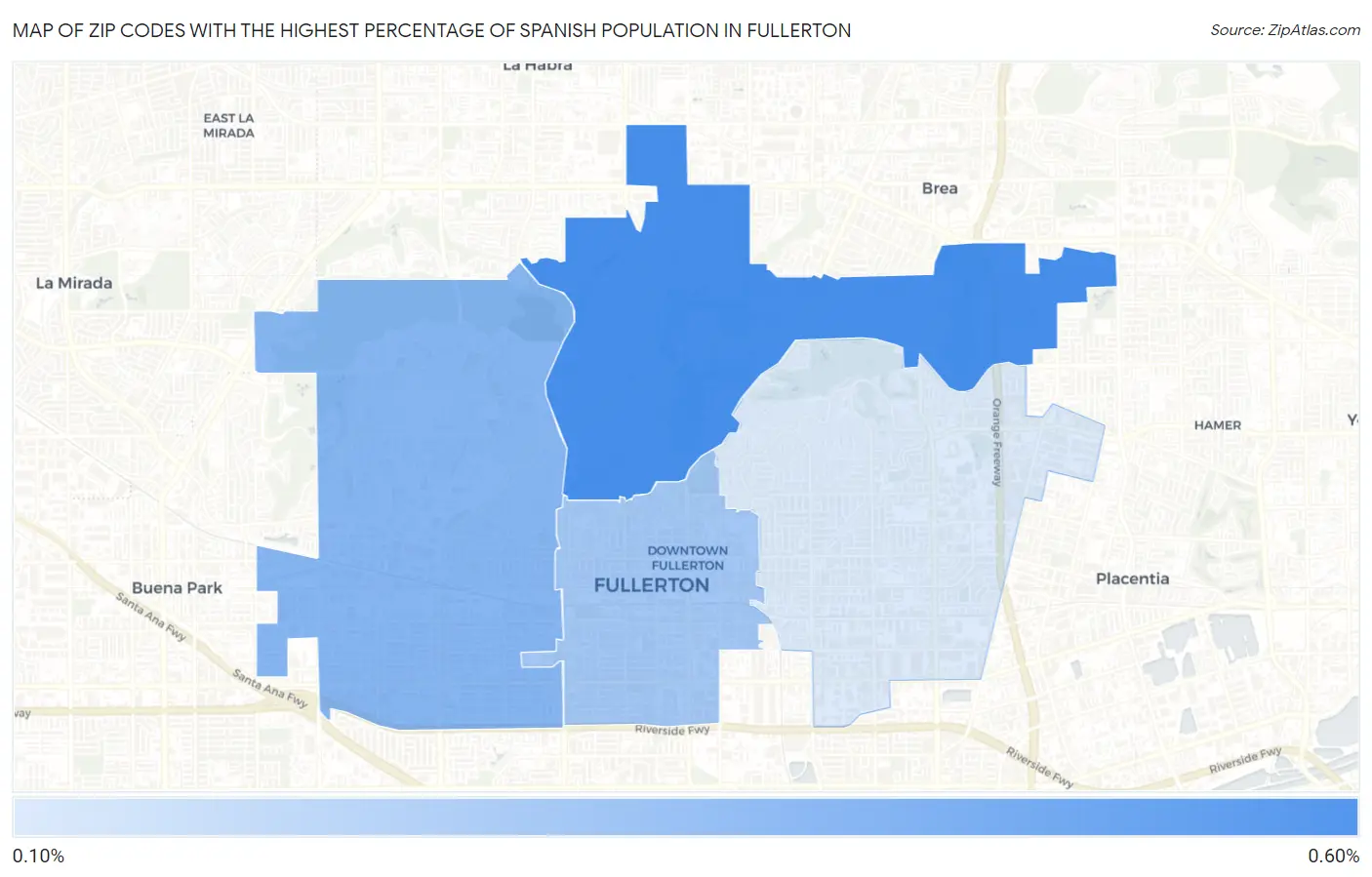 Zip Codes with the Highest Percentage of Spanish Population in Fullerton Map