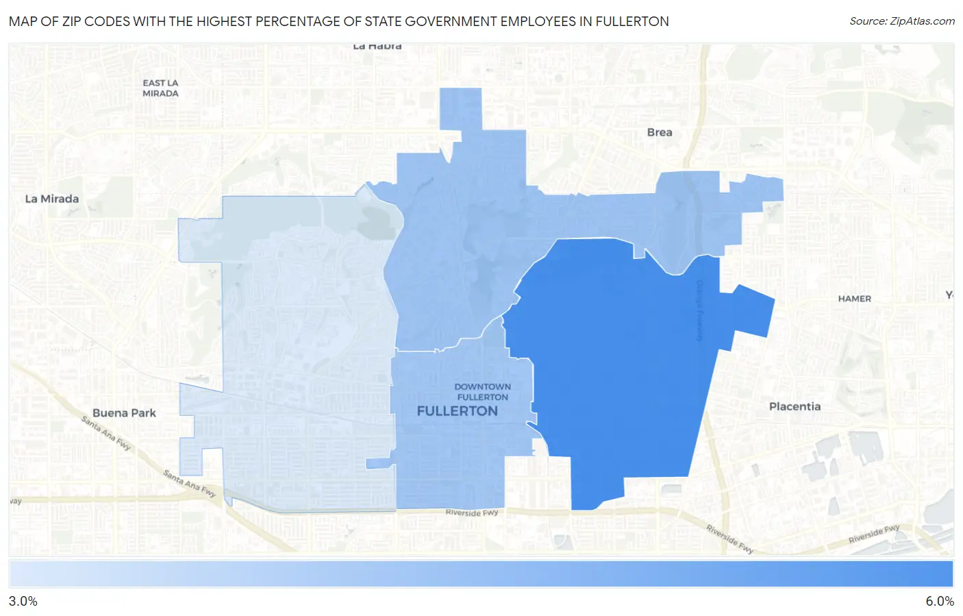 Zip Codes with the Highest Percentage of State Government Employees in Fullerton Map