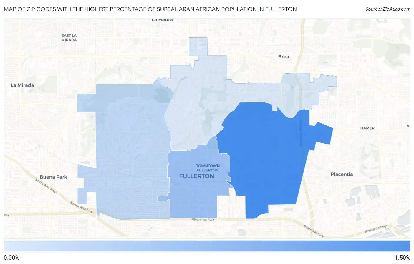 Zip Codes with the Highest Percentage of Subsaharan African Population in Fullerton Map